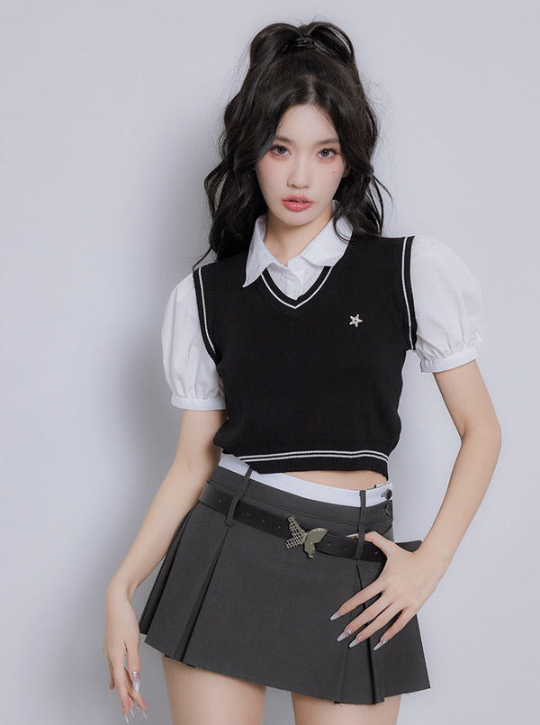 Contrast color short shirt knit