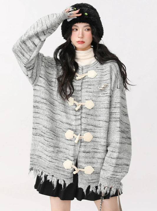 AONW Fall/Winter New American Niche Versatile Design Sense Fringed Raw Horn Button Knitted Cardigan Sweater Woman