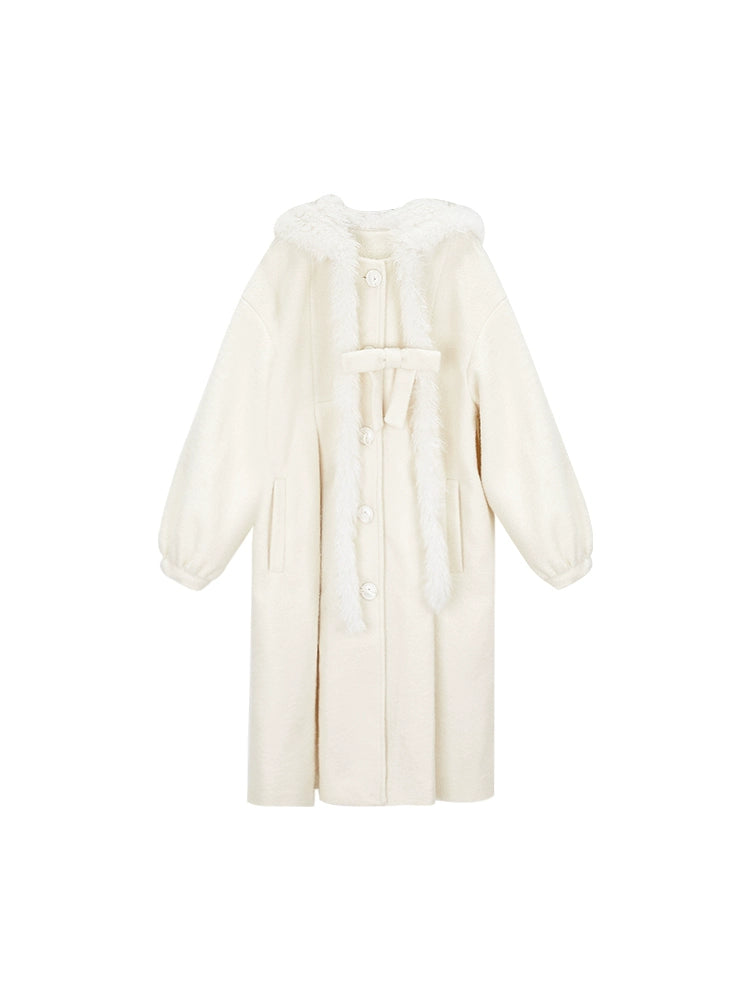 Pure White Fur Hooded Long Coat