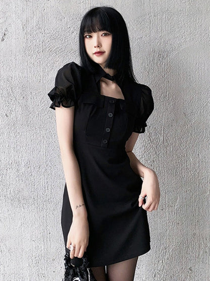 Dark Style French Square Collar Puff Sleeve Dress