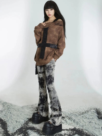 Tie-dye washed micro flared pants + accessory bag