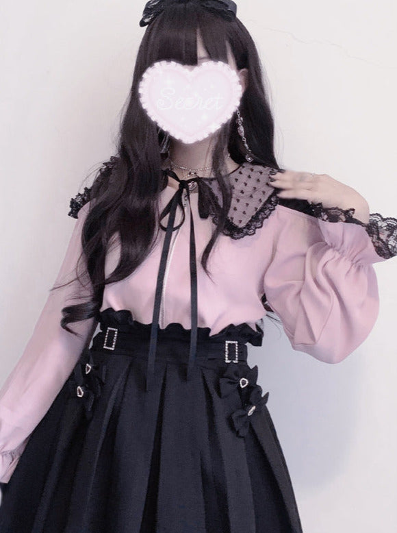 Square collar lace off shoulder zip blouse