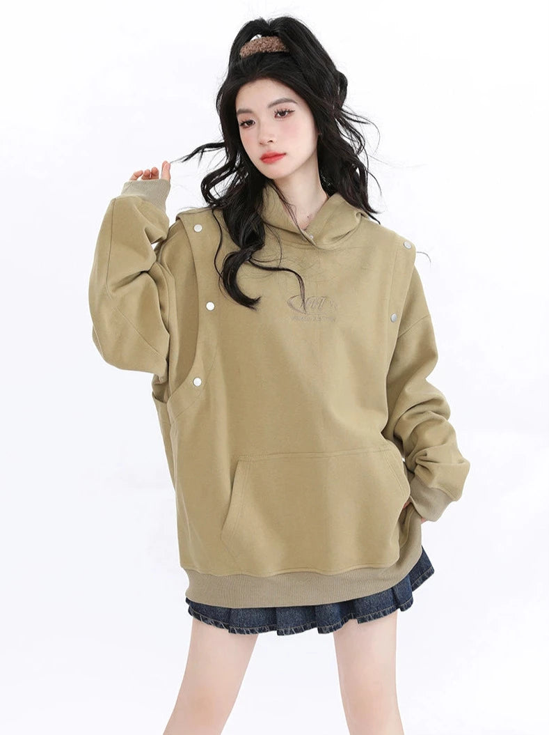 Faux Two Piece Hooded Sweatshirt Loose Couple Pullover Hoodie