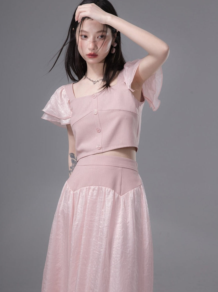 Flying Sleeve Top+Flare High West Skirt