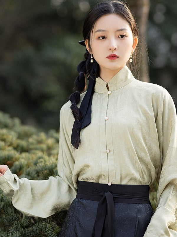 Rayon Jacquard Bow Pocket Sleeve Short Shirt