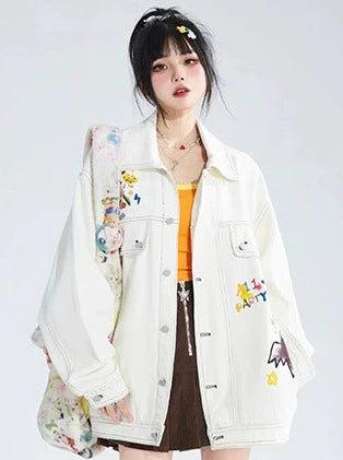 Original hand painted graffiti print denim loose jacket