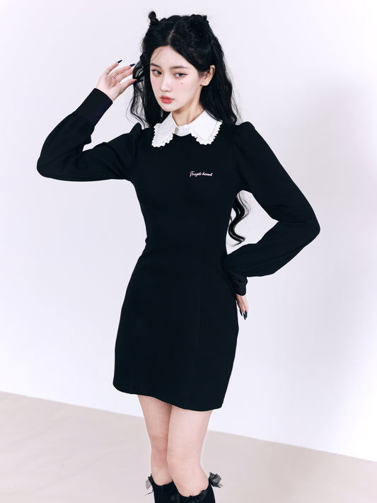 Ruffle collar puff shoulder black knit dress