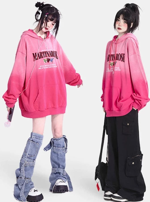 American Retro Gradient Hooded Sweatshirt Oversized Loose Top