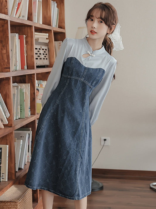 Retro denim stitch dress