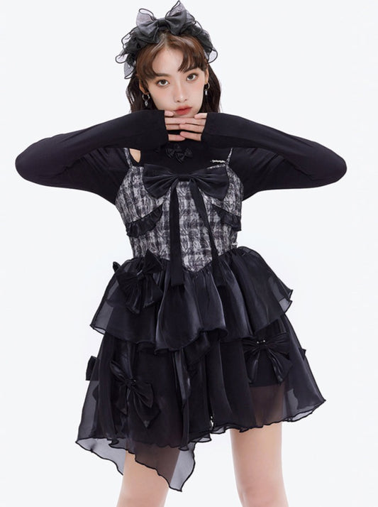 Romantic check suspender dress + ribbon tops