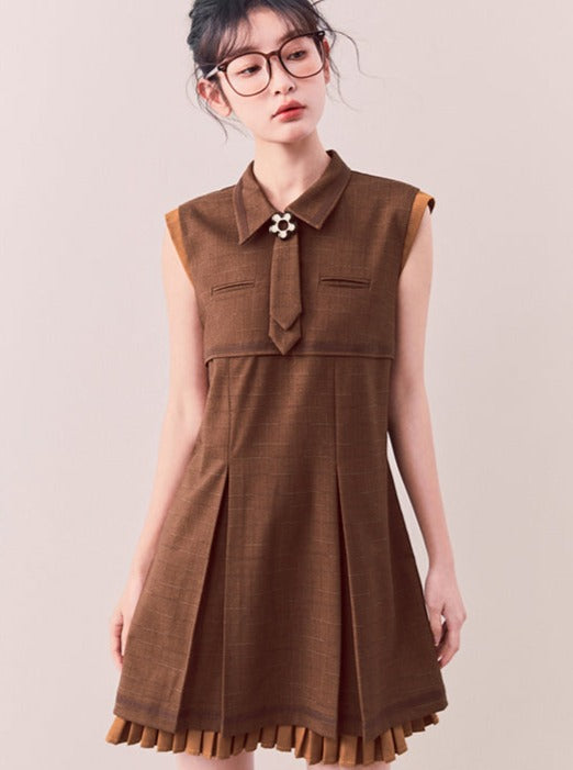 Retro no Sleeve Tie A line shirt dress