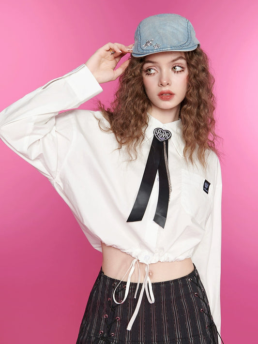 ブラックタイショートドローストリングシャツ