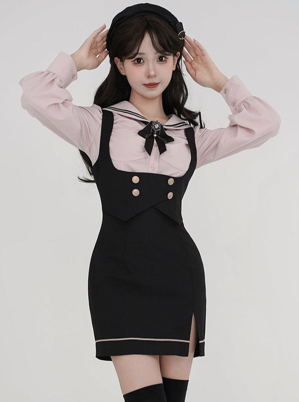 College jacket + pink shirt + suspension skirt + ribbon