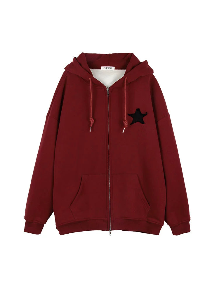 Star Zip Hooded Loose Sweatshirt Hoodie