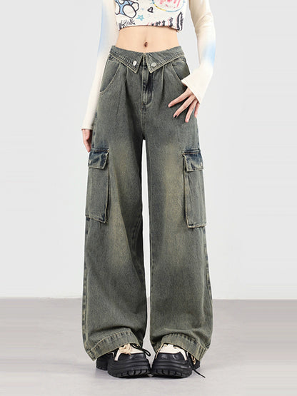 American Retro Straight Slimming Cuff Wide Leg Jeans