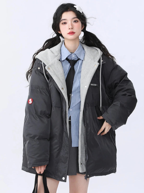 Korean Style Faux Two-Piece Hooded Loose Cotton Coat