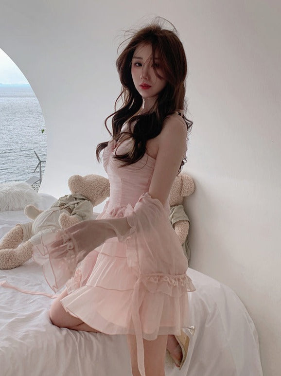 Sheer Lace Cardigan + Pink Rose Halter Neck Tiered Suspender Dress Belchic Sheer Lace Cardigan + Pink Rose Halter Neck Tiered Suspender Dress Belchic