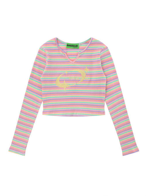 Retro Color Stripe Embroidery Short Top + Pink Flap Pants