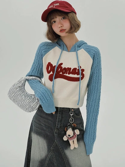 Bicolor Raglan Sleeve Knit Short Hooded Top