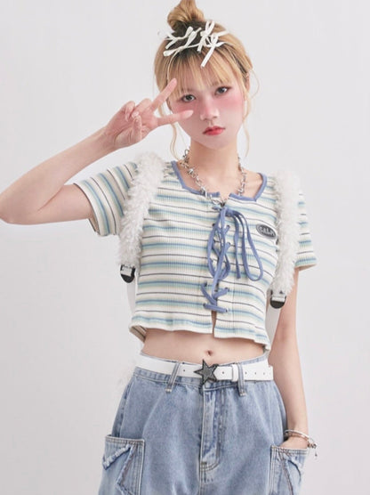 Korean Style Striped Stitch Strap T-Shirt