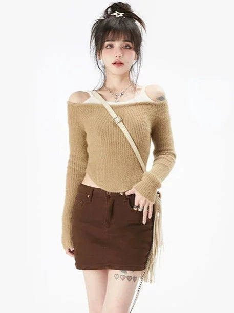 One-shoulder faux two-piece knit