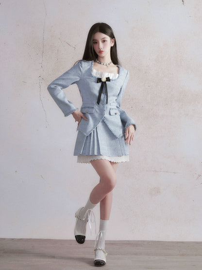 Blue Small Fragrance Jacket + Pleated Skirt