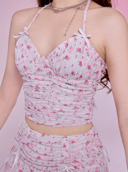 Spicice Mall Floral Girl Girl Shrink Mesh V Neck Suspenders Cart Set