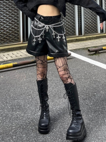 ダークロックハイウエストチェーンレザーショートパンツ – Belchic ダークロックハイウエストチェーンレザーショートパンツ – Belchic