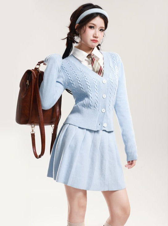 Blue Sky Cardigan + Pleated Skirt + Blouse