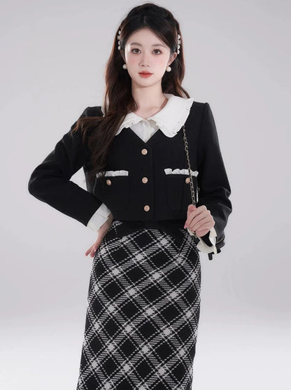 High-end ruffle collar layered short padded jacket + checked skirt