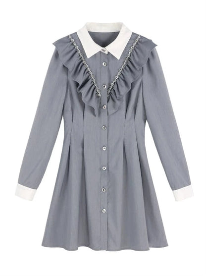 College Style Gray Diamond Ruffled Shirt Dress