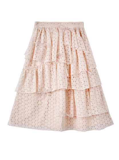 Lace Ribbon Asymmetrical Frilled Girly Long Skirt