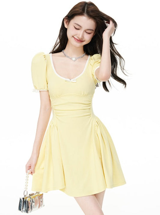 Contrast Color Puff Sleeve Dress