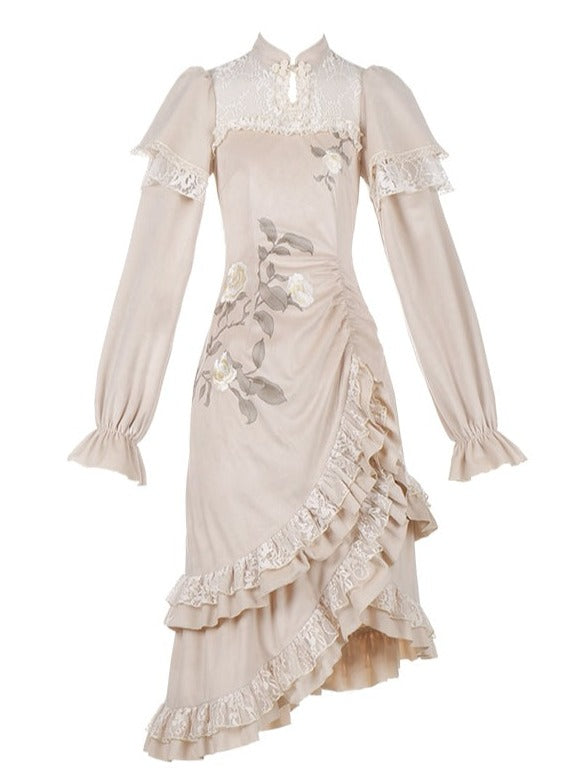 プリントベルベットレイヤードマーメイドスカートチャイナドレス