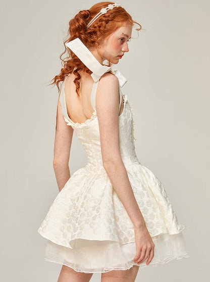 Ribbon Pure White Mini Suspender Dress