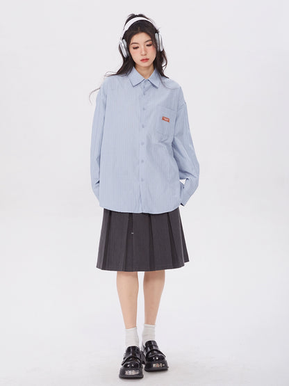 Loose Polo Collar Blue Stripe Shirt