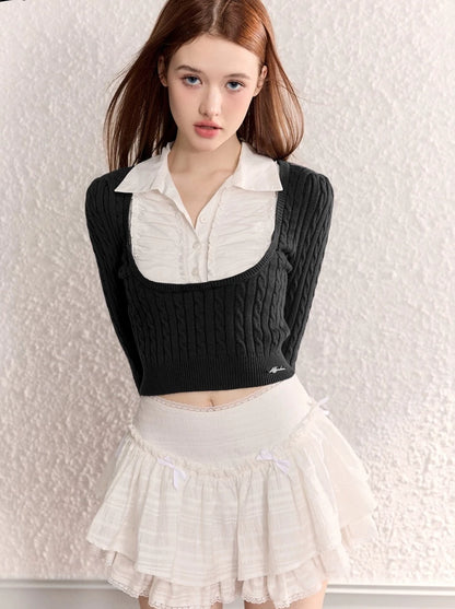 French sweet girl cable slim shirt knit