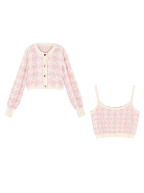 Sweet knit cardigan + camisole + flared denim