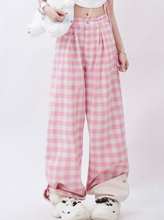 Pink check loose straight pants