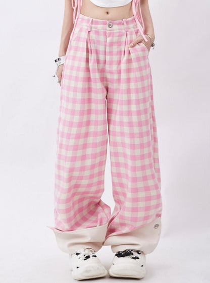 Pink check loose straight pants