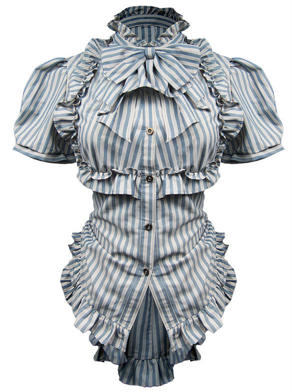 Steam Continental Retro Stand Collar Striped Trailing Shirt