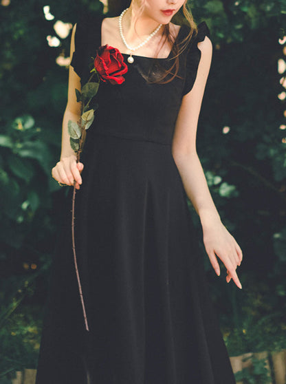 Black Swan French Style Elegant Ruffle Strap Dress 