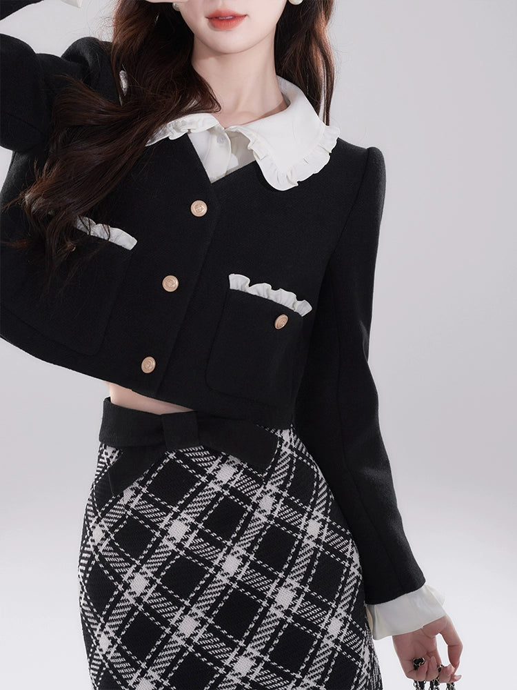 High-end ruffle collar layered short padded jacket + checked skirt