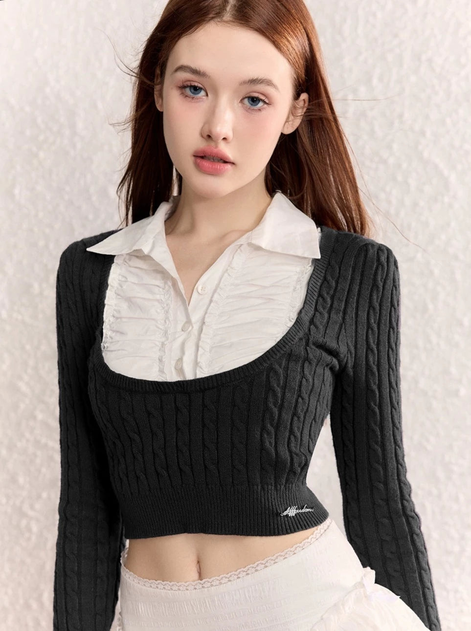 French sweet girl cable slim shirt knit