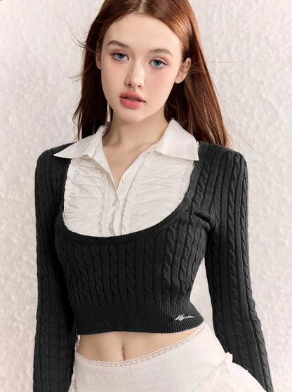 French sweet girl cable slim shirt knit