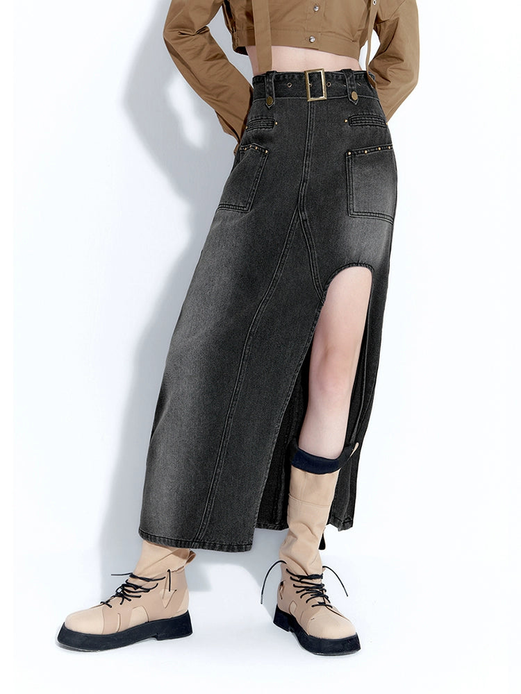 Design High Slit Denim Long Skirt