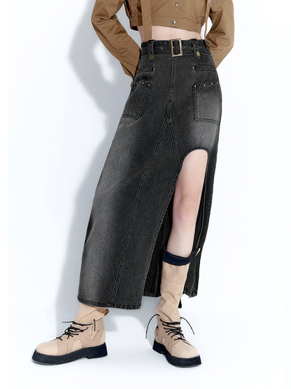 Design High Slit Denim Long Skirt