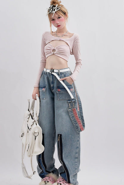 Denim zip -up loose straight casual pants