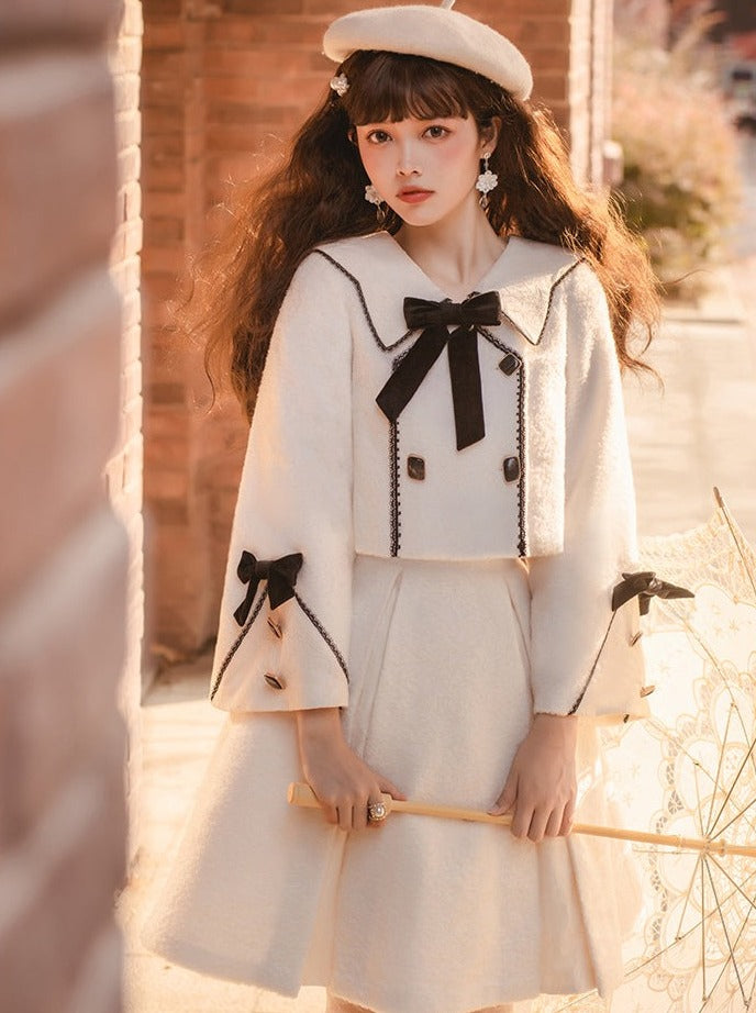Square button sailor collar jacket + skirt with ribbon