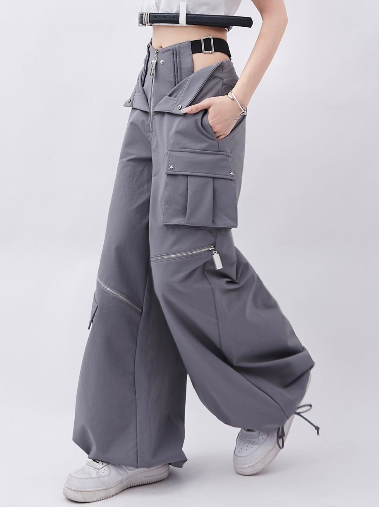 Gray Retro Zipper Pocket Two Wear Design Drawstring Pants